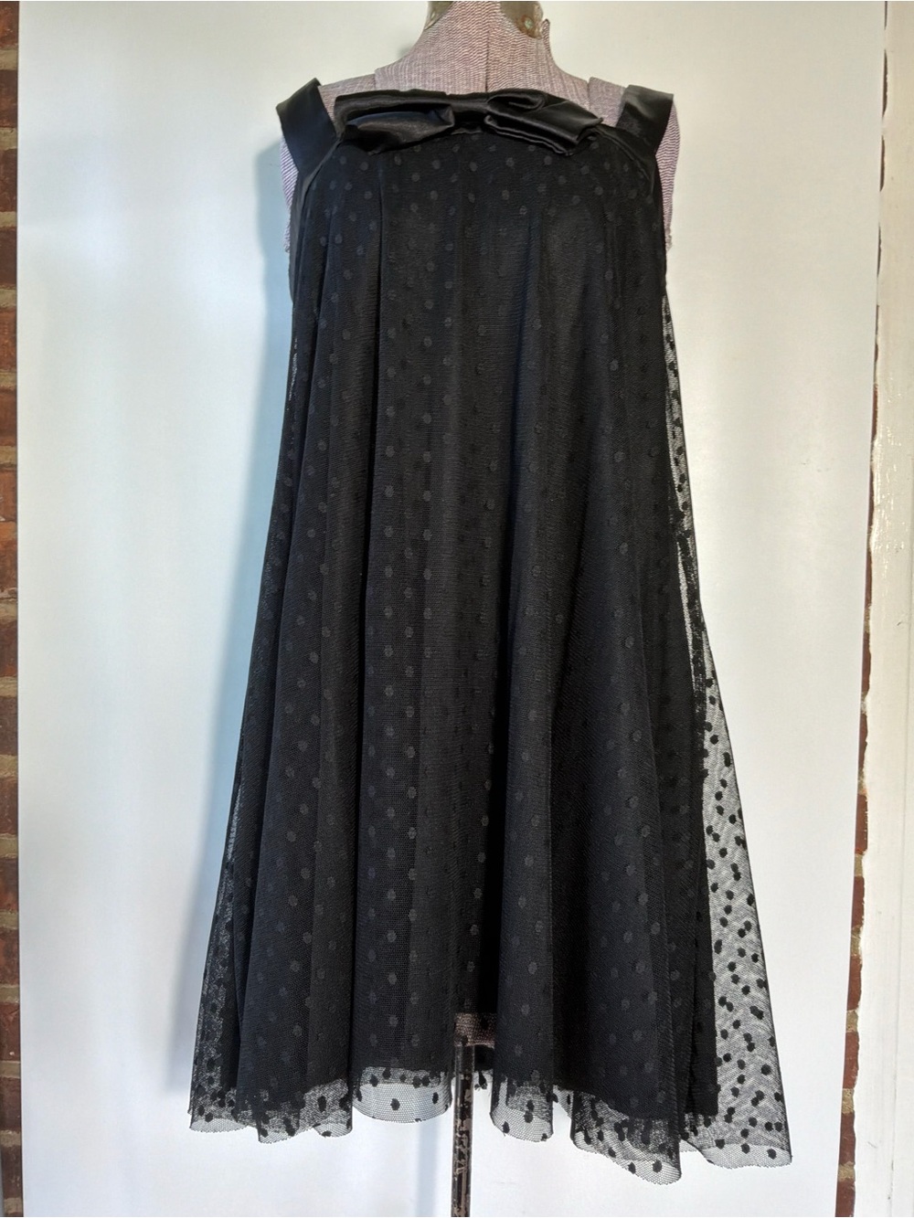 Necessary Objects Black Polka Dot A-Line Midi Skirt with Bow Straps